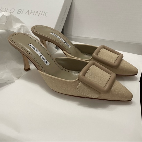 Manolo Blahnik Maysale Linen Mules Tan 70mm 37 - Picture 7 of 14
